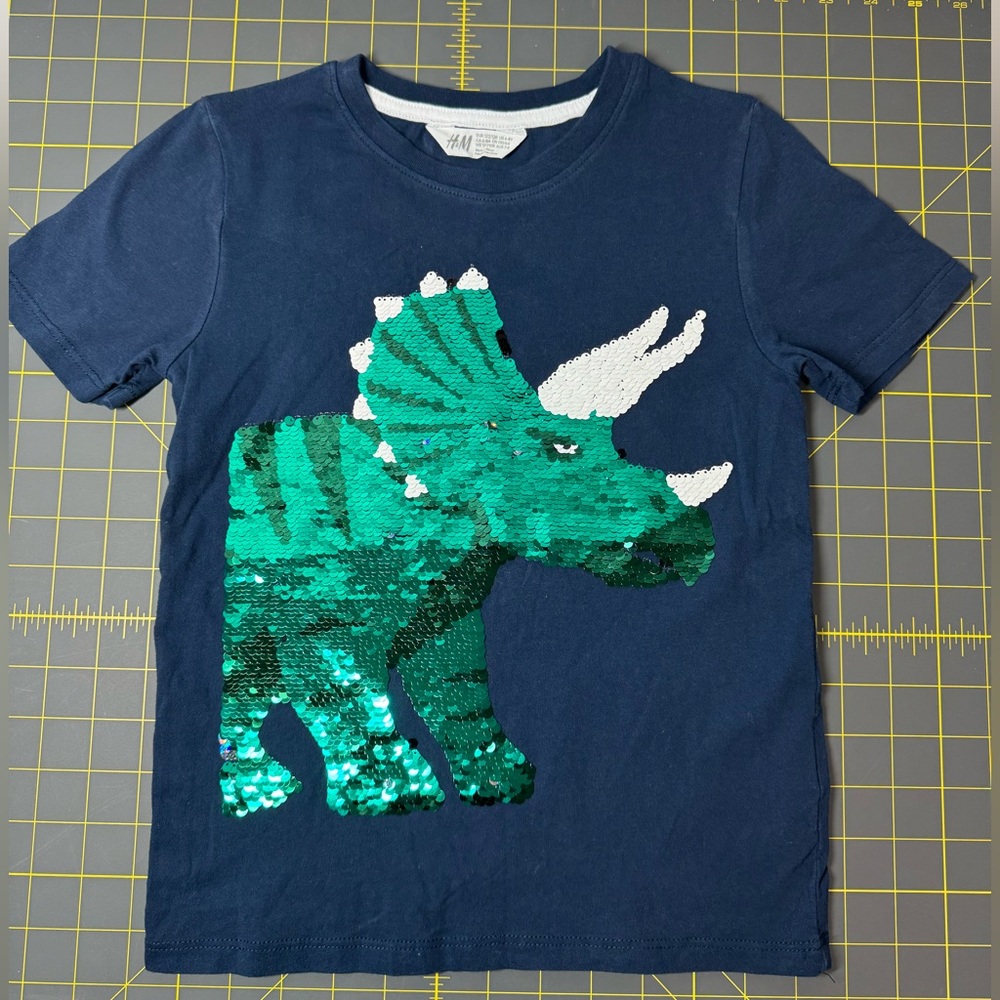 H&M Blue and Green Short Sleeve Tee with Dinosaur Design